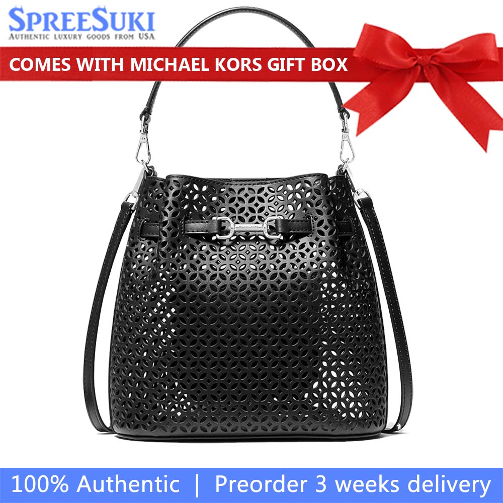 Michael Kors Carson Small Floral Laser Cut Bucket Crossbody Bag Black # 35S6S2ZC1Y