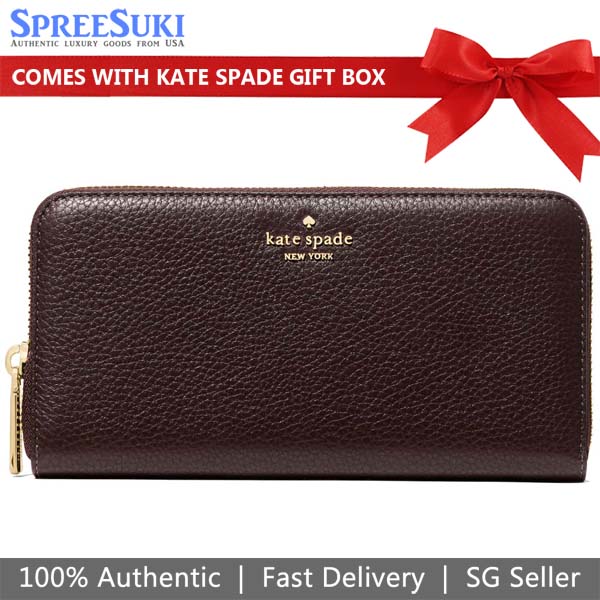 Kate Spade Long Wallet Lena Pebbled Leather Large Continental Wallet Zip Around Hot Fudge Chocolate # KH786