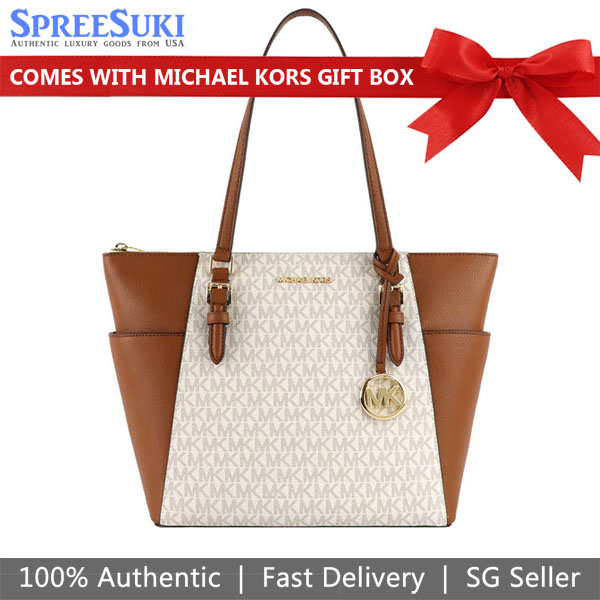 Michael Kors Charlotte Large Logo And Leather Top-Zip Tote Bag Vanilla Off White # 35T0GCFT3B