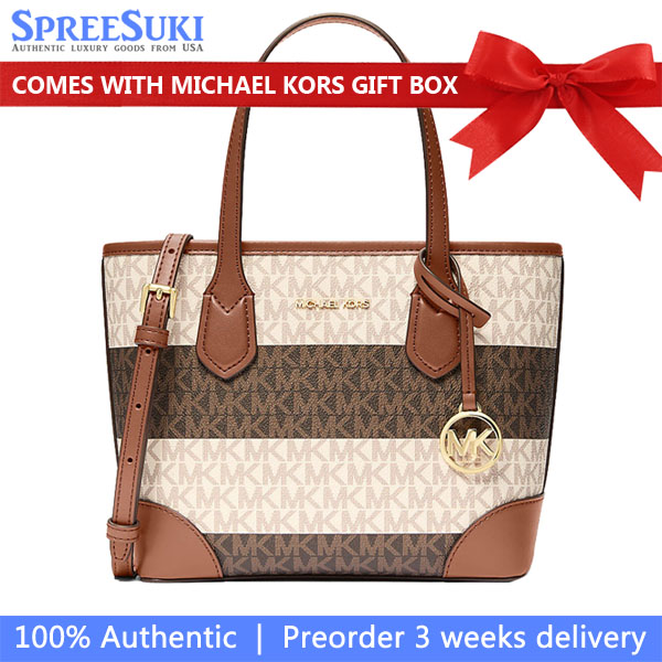 Michael Kors Eva Extra-Small Striped Signature Logo Convertible Tote Bag Vanilla Luggage Brown # 35S6GV0T0I