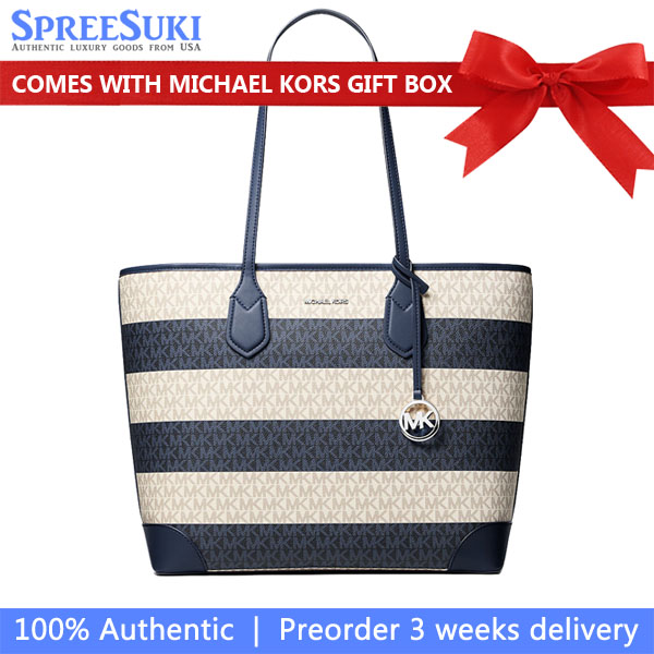 Michael Kors Eva Large Striped Signature Logo Tote Bag Navy Navy Blue # 35S6SV0T3U