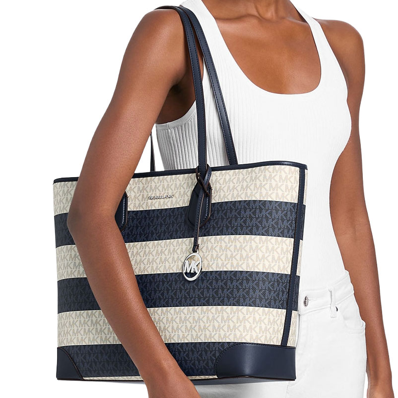 Michael Kors Eva Large Striped Signature Logo Tote Bag Navy Navy Blue # 35S6SV0T3U