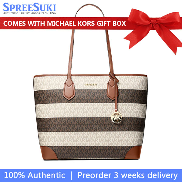 Michael Kors Eva Large Striped Signature Logo Tote Bag Vanilla Luggage Brown # 35S6GV0T3U
