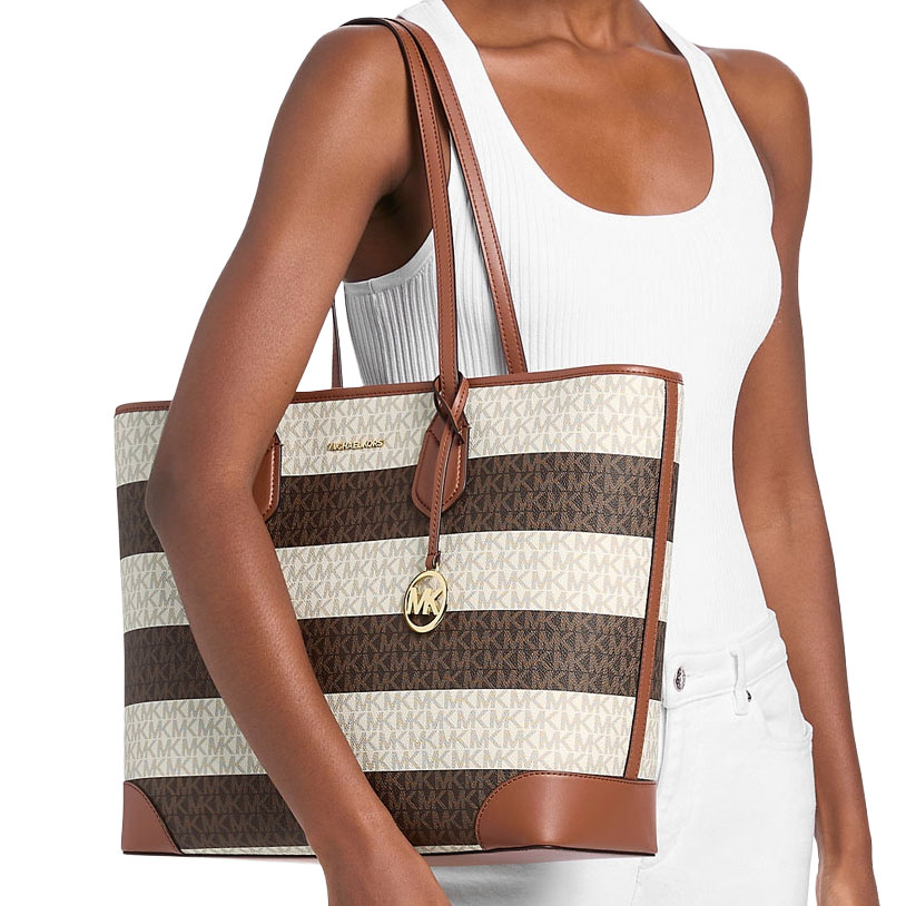 Michael Kors Eva Large Striped Signature Logo Tote Bag Vanilla Luggage Brown # 35S6GV0T3U