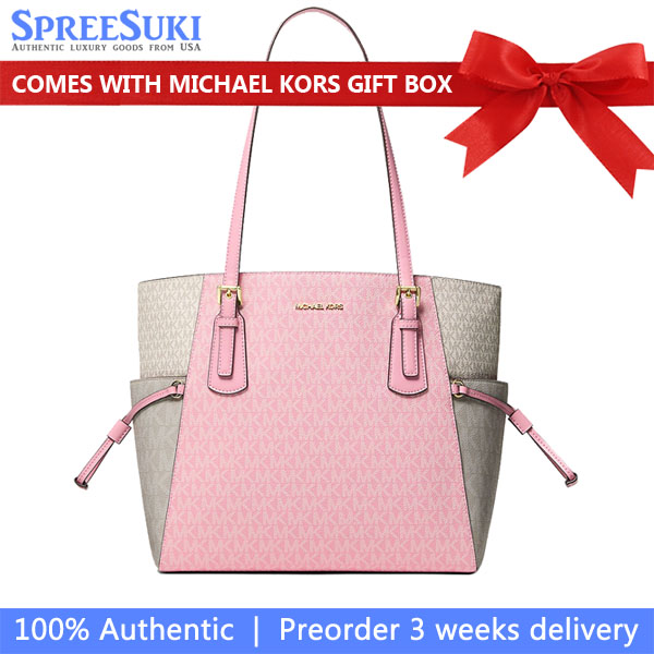 Michael Kors Voyager Large Color-Block Signature Logo Tote Bag Carnation Multi Pink # 35S5GV6T7B