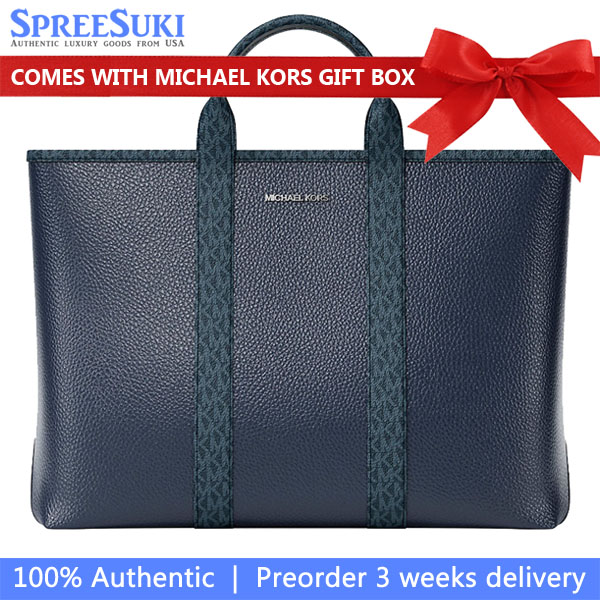 Michael Kors Cooper Medium Pebbled Leather And Signature Logo Tote Bag Navy Navy Blue # 37S6LCOT7L