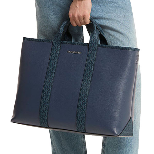 Michael Kors Cooper Medium Pebbled Leather And Signature Logo Tote Bag Navy Navy Blue # 37S6LCOT7L