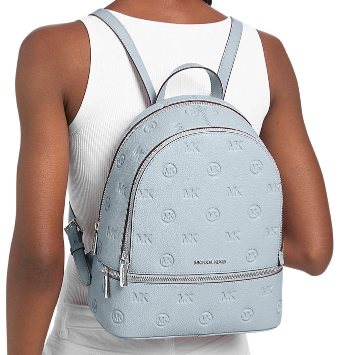 Michael Kors Rhea Medium Logo Debossed Backpack Pale Ocean Light blue # 35S6SRAB2V