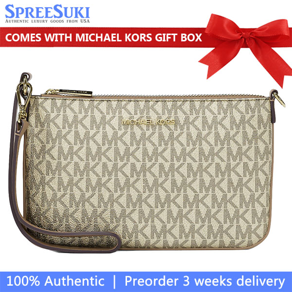 Michael Kors Jet Set Small Metallic Signature Logo Wristlet Pale Gold # 35T5GTVW1M