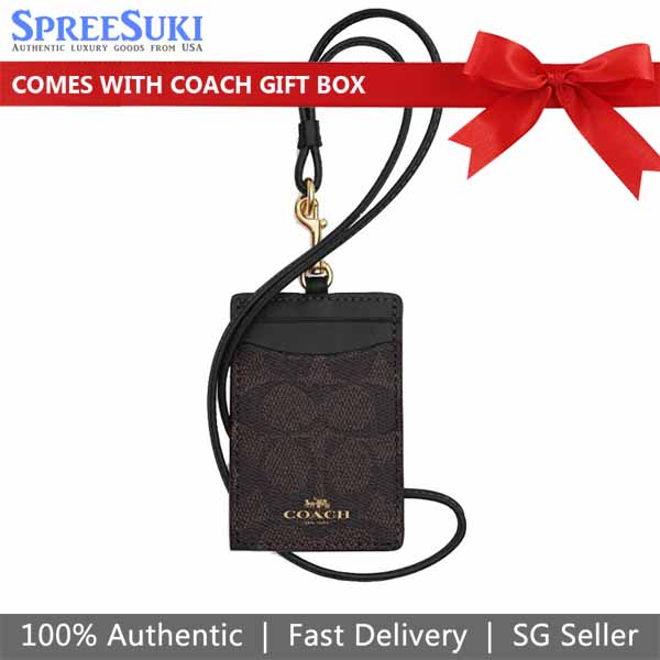 Coach Lanyard Id Signature Canvas Card Holder Card Case Card Holder Walnut Black Dark Brown # CZ285