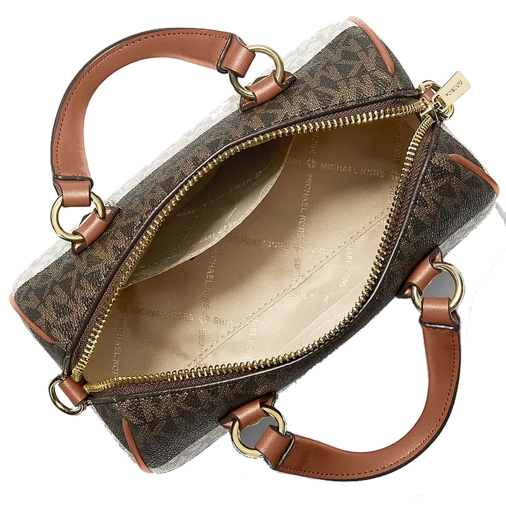 Michael Kors Grayson Small Striped Signature Logo Duffel Crossbody Bag Vanilla Luggage Dark Brown # 35S6GGYC5U