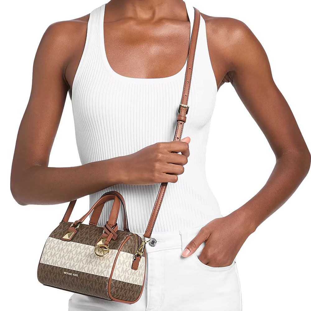 Michael Kors Grayson Small Striped Signature Logo Duffel Crossbody Bag Vanilla Luggage Dark Brown # 35S6GGYC5U