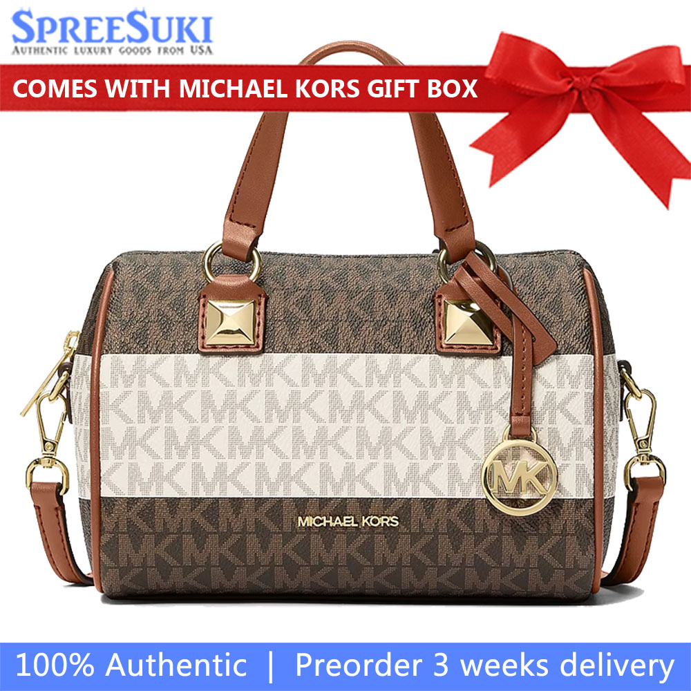 Michael Kors Grayson Small Striped Signature Logo Duffel Crossbody Bag Vanilla Luggage Dark Brown # 35S6GGYC5U