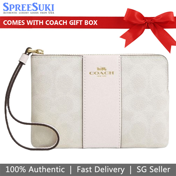 Coach Small Wristlet Corner Zip Signature Leather Stripe White Chalk # CW854