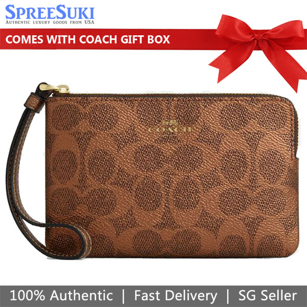 Coach Corner Zip Wristlet In Signature Canvas Brown Copper Dark Brown # CCK71