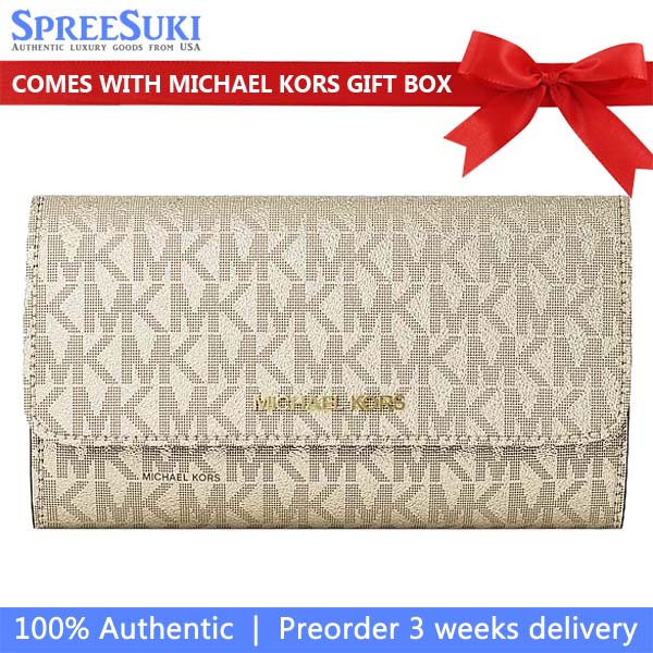 Michael Kors Jet Set Travel Large Signature Logo Tri-Fold Wallet Pale Gold # 35S6GTVF3M