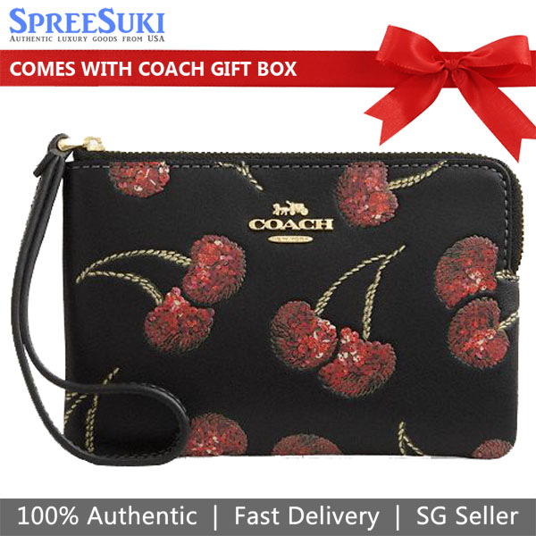 Coach Small Wristlet Pouch Wallet Corner Zip Wristlet With Cherry Print Black Multi # CDF05