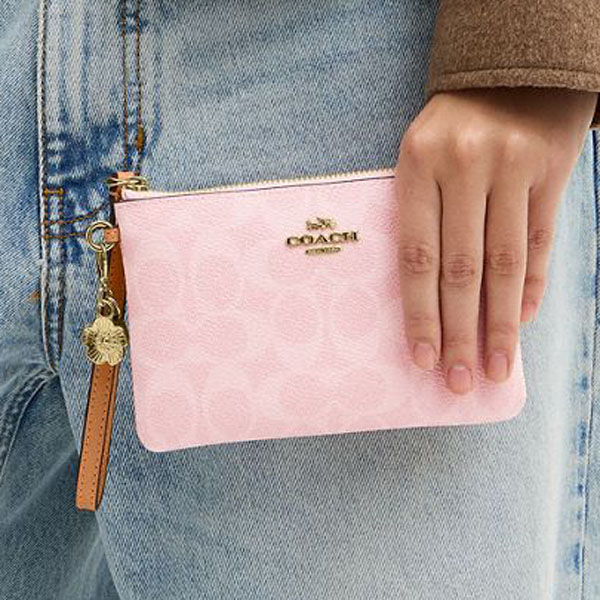 Coach Corner Zip Wristlet In Signature Canvas With Charms Powder Pink Light pink # CEF72