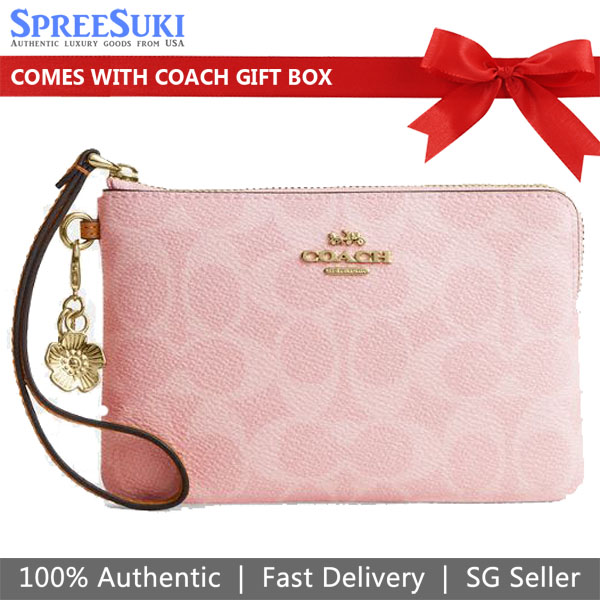 Coach Corner Zip Wristlet In Signature Canvas With Charms Powder Pink Light pink # CEF72