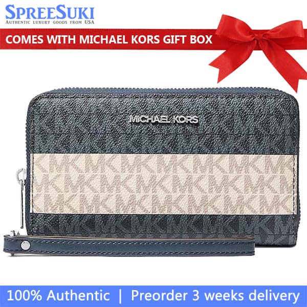 Michael Kors Jet Set Travel Large Striped Signature Logo Smartphone Wallet Navy Navy Blue # 35T6STVE3V