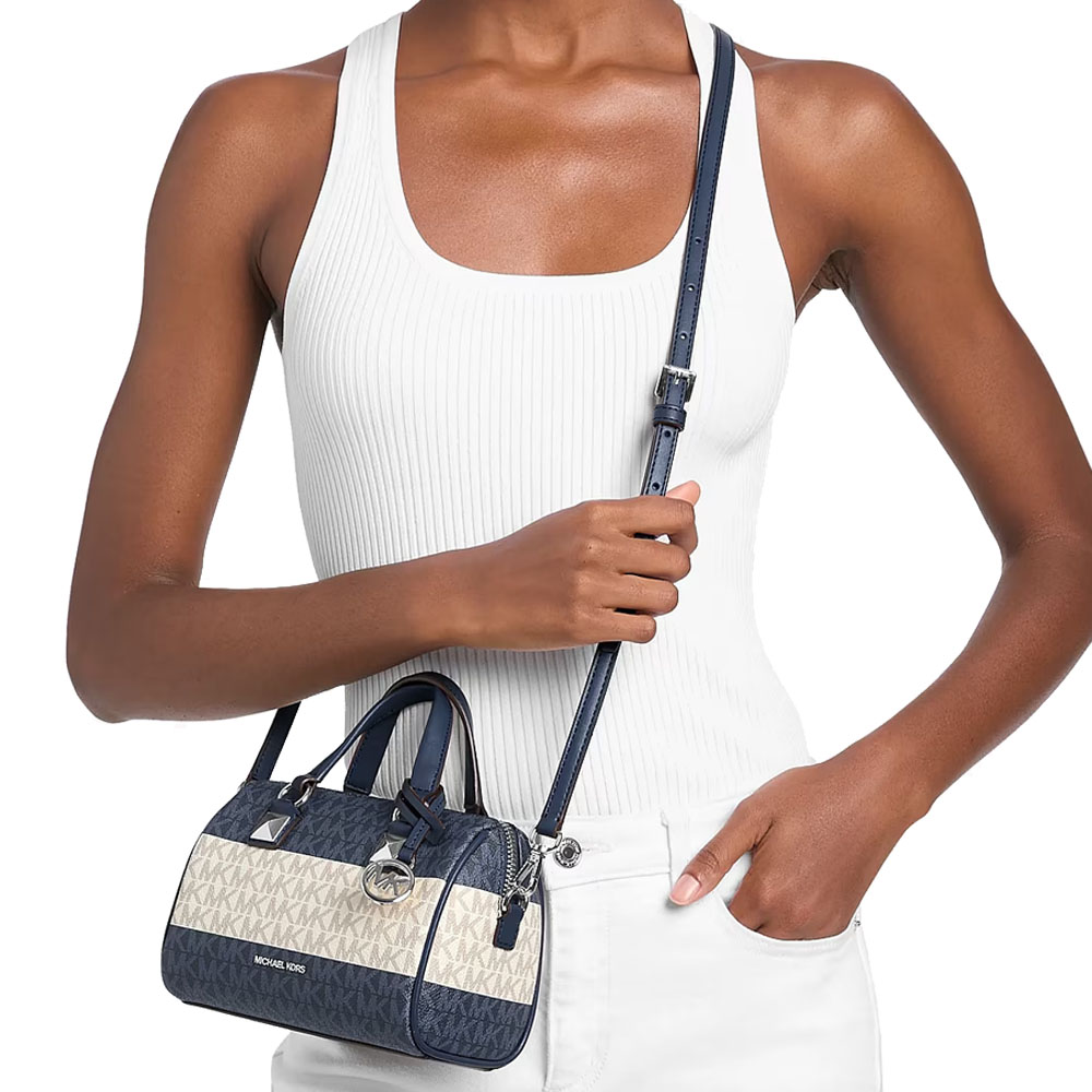 Michael Kors Grayson Small Striped Signature Logo Duffel Crossbody Bag Navy # 35S6SGYC5U