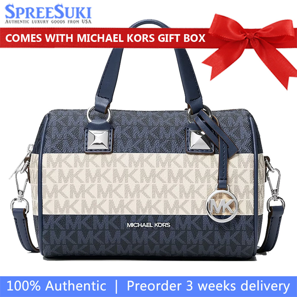 Michael Kors Grayson Small Striped Signature Logo Duffel Crossbody Bag Navy # 35S6SGYC5U