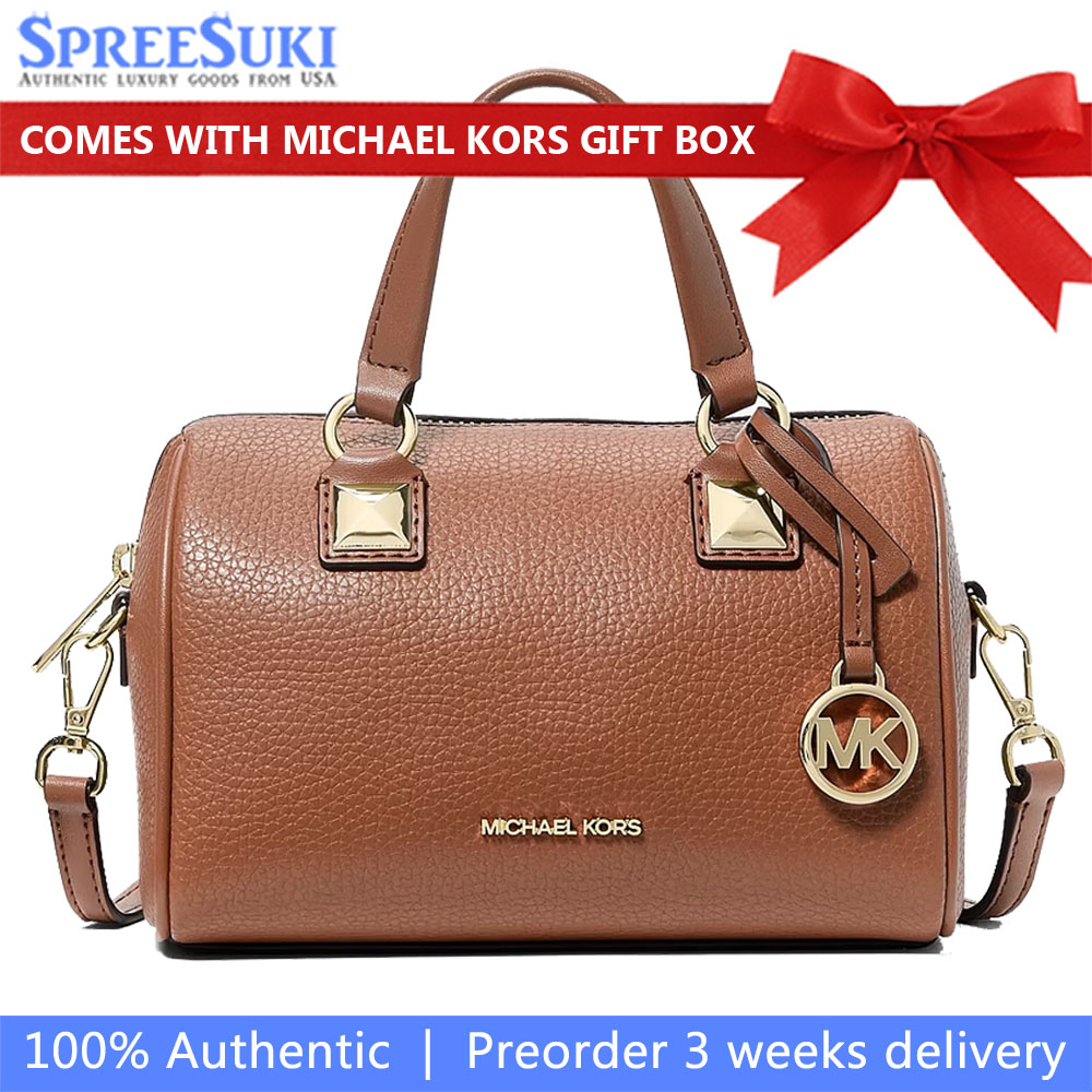 Michael Kors Grayson Small Pebbled Leather Duffel Crossbody Bag Luggage Brown # 35S6GGYC1L