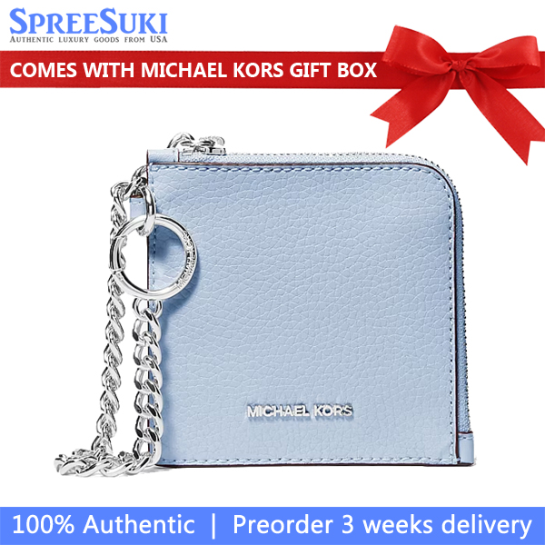 Michael Kors Jet Set Travel Medium Pebbled Leather Chain Wallet Pale Ocean Light blue # 35S6STVC6L