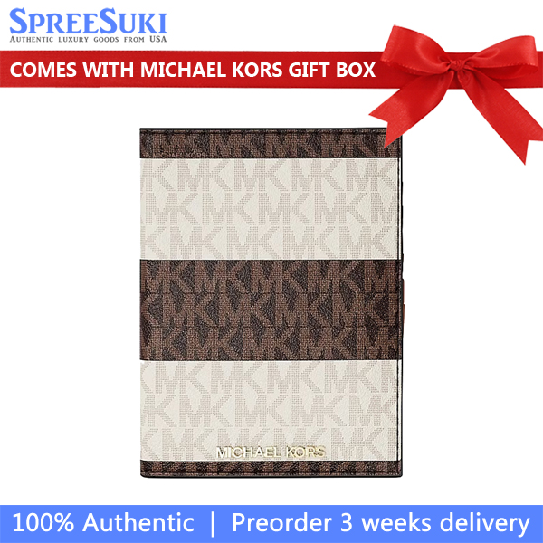 Michael Kors Jet Set Travel Medium Striped Signature Logo Passport Case Vanilla Luggage Dark Brown # 35T6GTVN8V