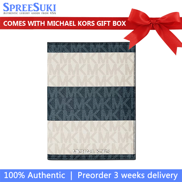 Michael Kors Jet Set Travel Medium Striped Signature Logo Passport Case Navy Navy Blue # 35T6STVN8V