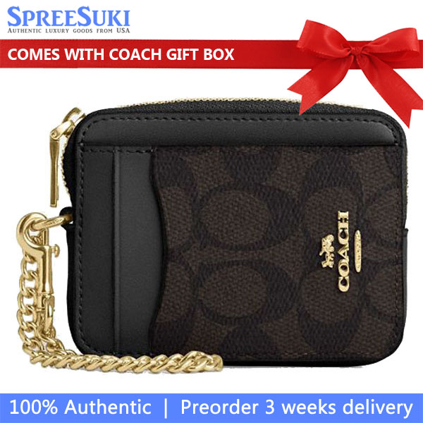 Coach Zip Card Case Signature Card Holder Walnut Black Brown # CW883