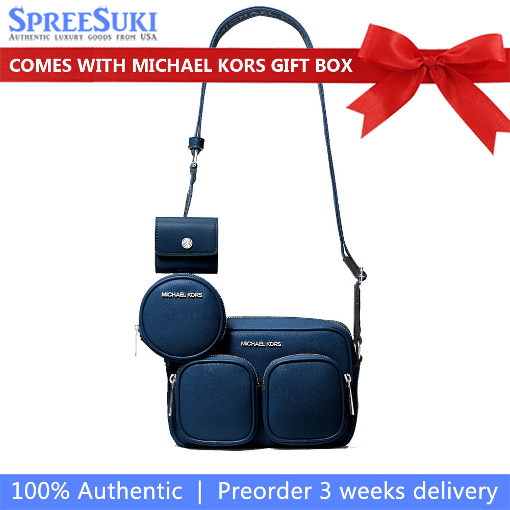 Michael Kors Jet Set Leather Medium Crossbody Bag With Case For Apple Airpods Pro Navy # 35S5STTC2L