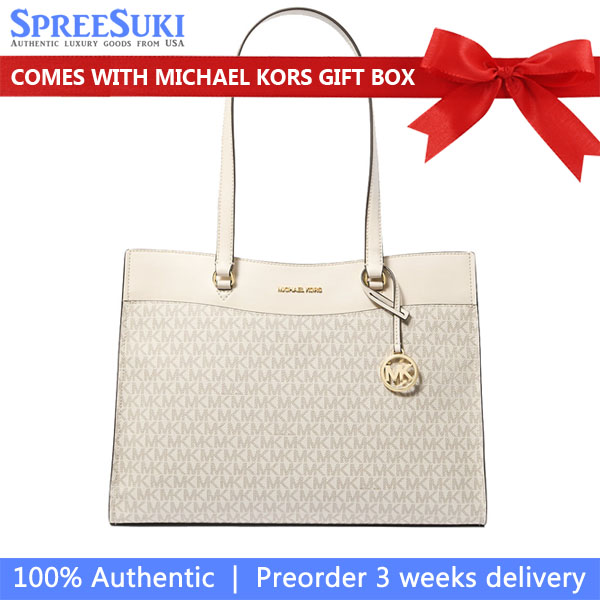Michael Kors Jet Set Large Signature Logo Tote Bag Light Cream Multi Off White # 35F4GTVT9B