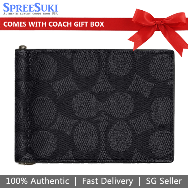 Coach Men Slim Money Clip Billfold Wallet In Signature Canvas Gunmetal Charcoal Black # CY059