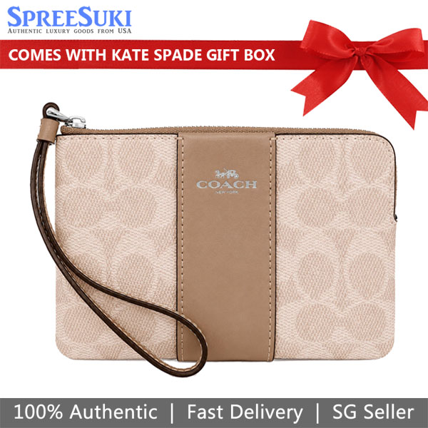 Coach Small Wristlet Corner Zip Signature Leather Stripe Sand Taupe Beige # CW854