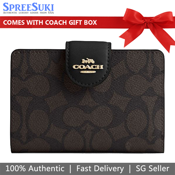 Coach Medium Corner Zip Wallet In Signature Canvas Walnut Black Dark Brown # CW786