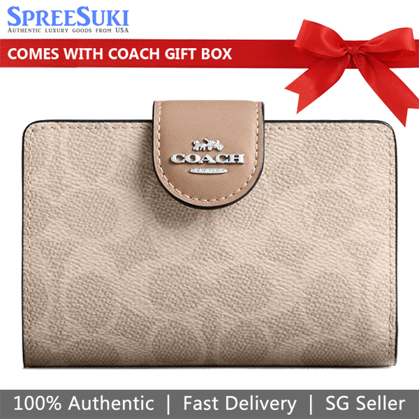 Coach Medium Corner Zip Wallet In Signature Canvas Silver Sand Taupe Beige # CW786