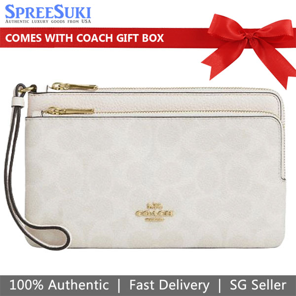 Coach Large Wristlet Double Zip Wallet In Signature Canvas White Chalk # CX161