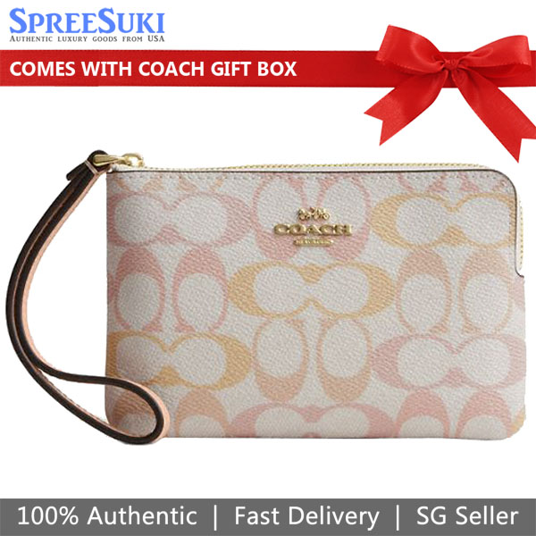 Coach Small Wristlet Pouch Wallet Corner Zip Wristlet In Signature Canvas Chalk Pink White # CEF73