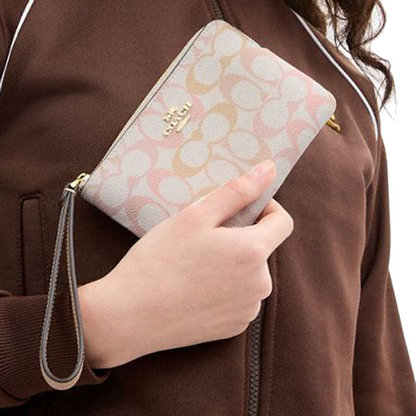 Coach Small Wristlet Pouch Wallet Corner Zip Wristlet In Signature Canvas Chalk Pink White # CEF73