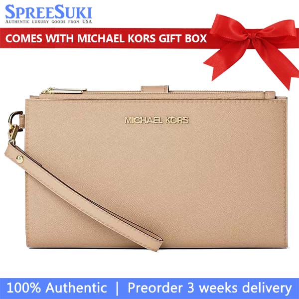 Michael Kors Phone Wallet Jet Set Travel Large Double Zip Wristlet Camel Beige # 35F8GTVW0L