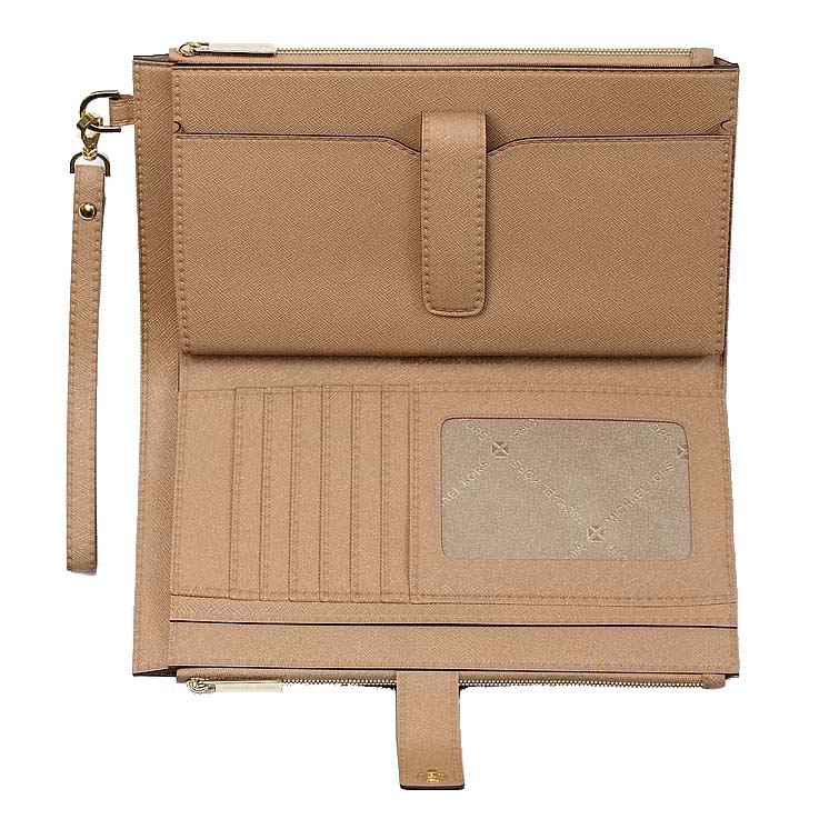 Michael Kors Phone Wallet Jet Set Travel Large Double Zip Wristlet Camel Beige # 35F8GTVW0L
