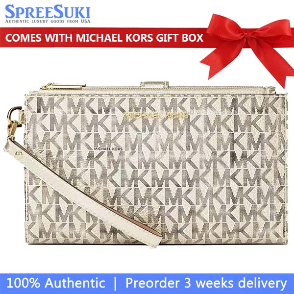 Michael Kors Jet Set Travel Large Signature Logo Wristlet Pale Gold # 35H1GTVW3V