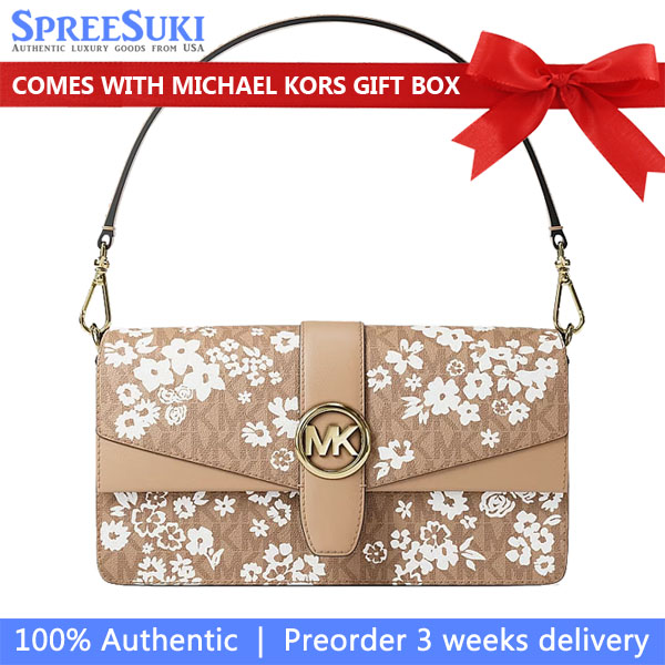 Michael Kors Greenwich Medium Printed Signature Logo Convertible Shoulder Bag Camel Beige # 35S6GGRL2Y