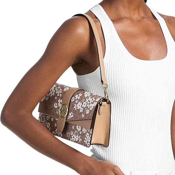 Michael Kors Greenwich Medium Printed Signature Logo Convertible Shoulder Bag Camel Beige # 35S6GGRL2Y