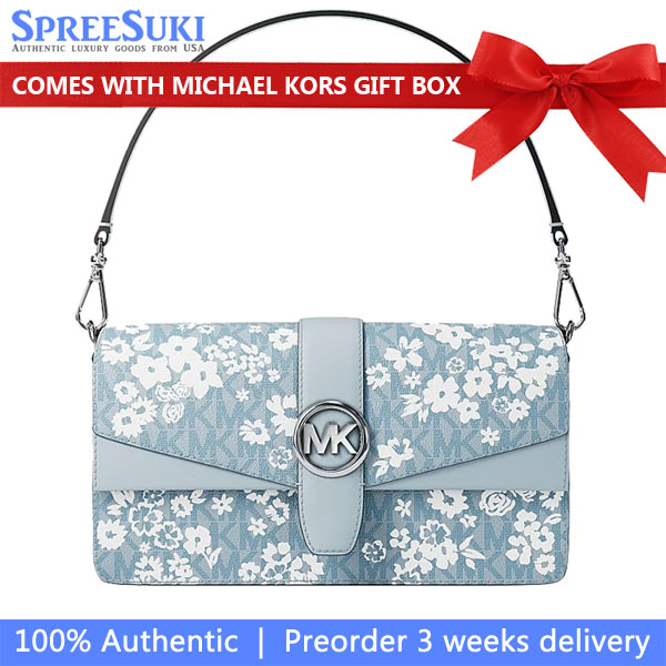 Michael Kors Greenwich Medium Printed Signature Logo Convertible Shoulder Bag Pale Ocean Light blue # 35S6SGRL2Y