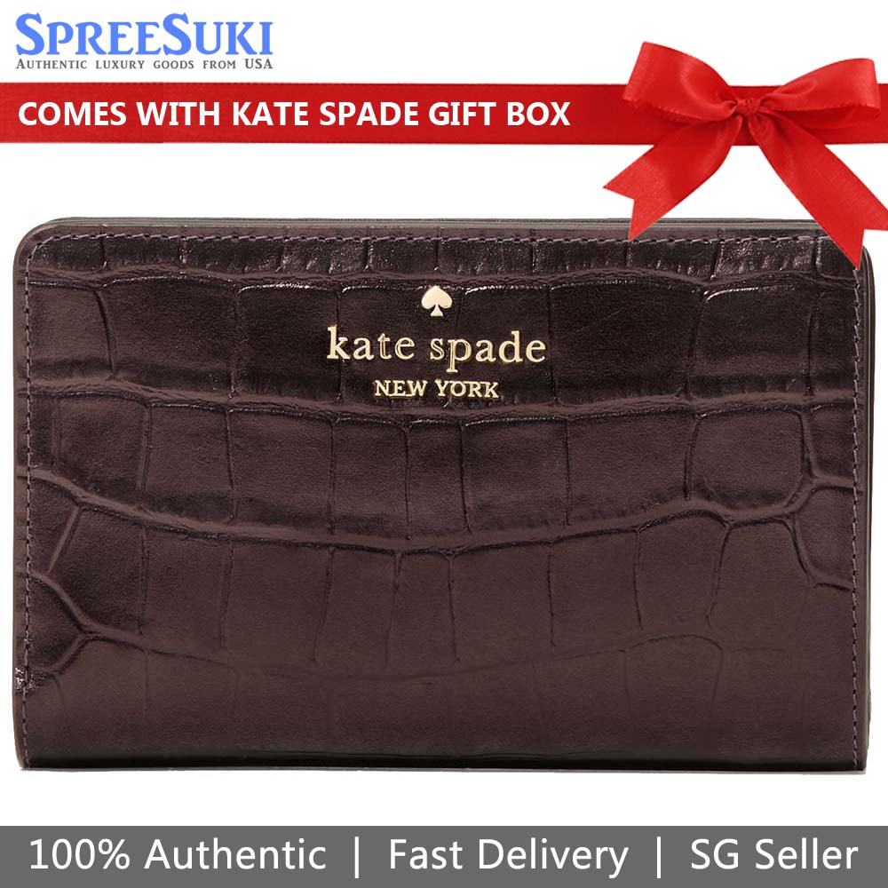 Kate Spade Madison Croc Embossed Medium Bifold Wallet Hot Fudge Chocolate # KN223D1