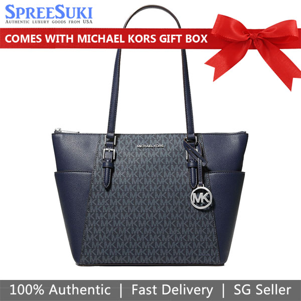 Michael Kors Charlotte Large Logo And Leather Top-Zip Tote Bag Admiral Navy # 35T0SCFT3B