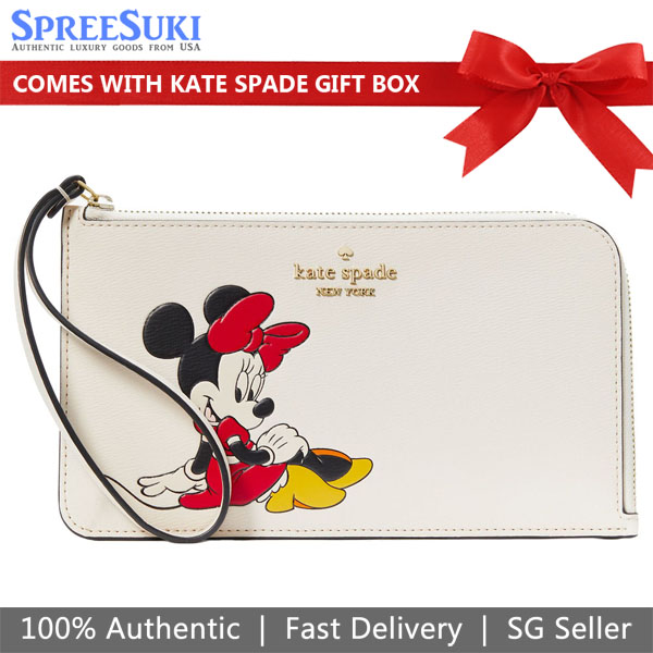 Kate Spade Disney X Kate Spade New York Minnie Medium L-Zip Wristlet Parchment Multi Off White # KG659
