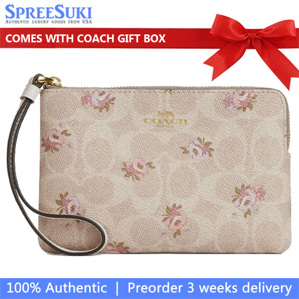 Coach Corner Zip Wristlet In Signature Canvas With Floral Print Sand Multi Beige # CAR20